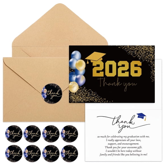 Natonhi 30 Sets Bulk Graduation Thank You Cards 2026 Graduation Card with Envelopes and Stickers College Prom Balloons Thank You Notes Greeting Card for Guest Family Teacher(Blue)