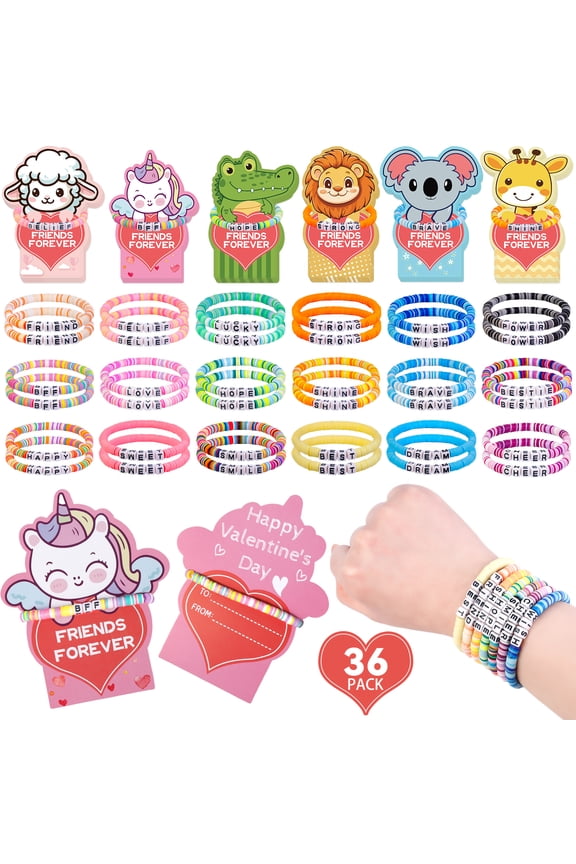 36 pcs Friendship Bracelets Bulk Women Beaded Heishi Surfer Inspirational Stackable Party Favor Bracelet Pack Stretch Vinyl Beaded for Goody Bag Fillers Party Favors Gifts Valentine