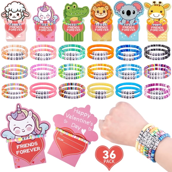 Natonhi 36 pcs Friendship Bracelets Bulk Women Beaded Heishi Surfer Inspirational Stackable Party Favor Bracelet Pack Stretch Vinyl Beaded for Goody Bag Fillers Party Favors Gifts Valentine