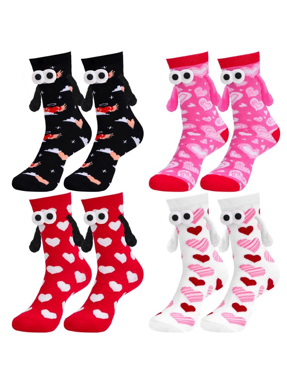 4 Pairs Funny Magnetic Holding Hands Socks Novelty Couple Socks Cute Valentines Day Birthday Gifts for Women Men