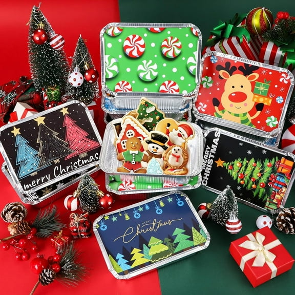 Natonhi 40pcs Christmas Cookie Containers with Lids 10 Styles Christmas Disposable Aluminum Foil Food Containers For Food Storage