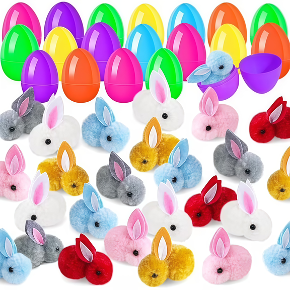Natonhi 48pcs Easter Egg Fillers with Bunny Plush Filled Mini Stuffed Animal Easter Basket Stuffers with Toys Inside Eggs Hunts Party Home Decor Easter Decoration
