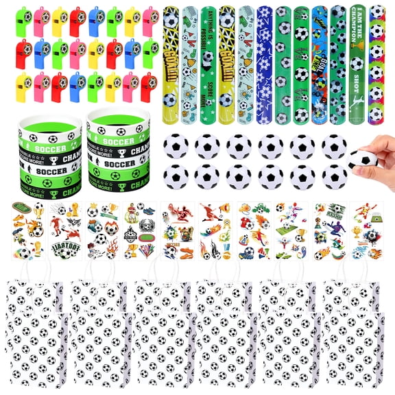 Natonhi 92 pcs Soccer Party Bulk Sport Birthday Party Gift Soccer Goodie Bag Filler Mini Soccer Ball Silicone Bracelet Soccer Tattoo Sticker Soccer Slap Bracelet