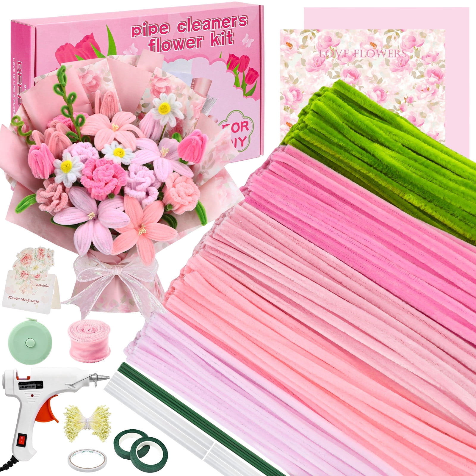 Natonhi 500 Pcs Thick Pipe Cleaners for DIY Flowers & Crafts – 5 Colors Chenille Stems with Glue Guns & Tape Measure – Perfect for Family Fun & Creativity, Holiday & Room Decorations
