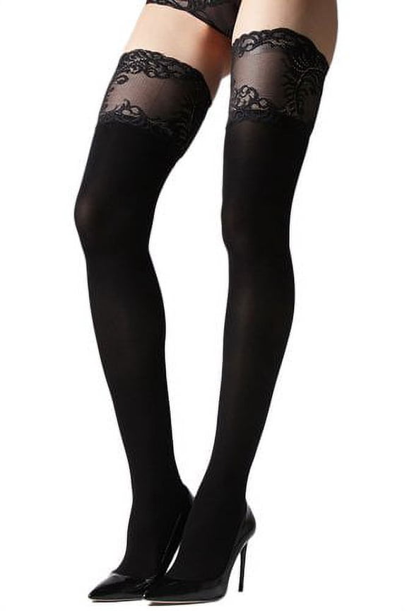 Feathers Opaque Thigh High Stocking - Womens - Female, Medium/Large, Black