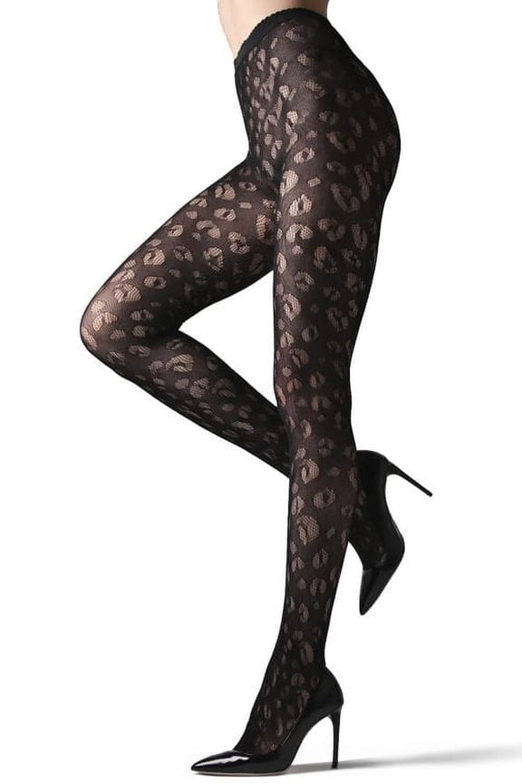 Leopard Print Semi-Opaque Net Tights - Womens - Female, Medium, Black