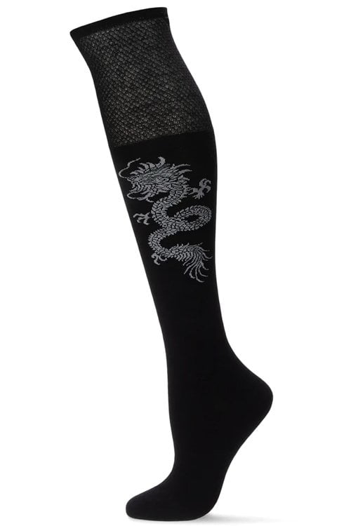 Textured Cuff Dragon Over The Knee Socks - Womens - Female, One Size, Black