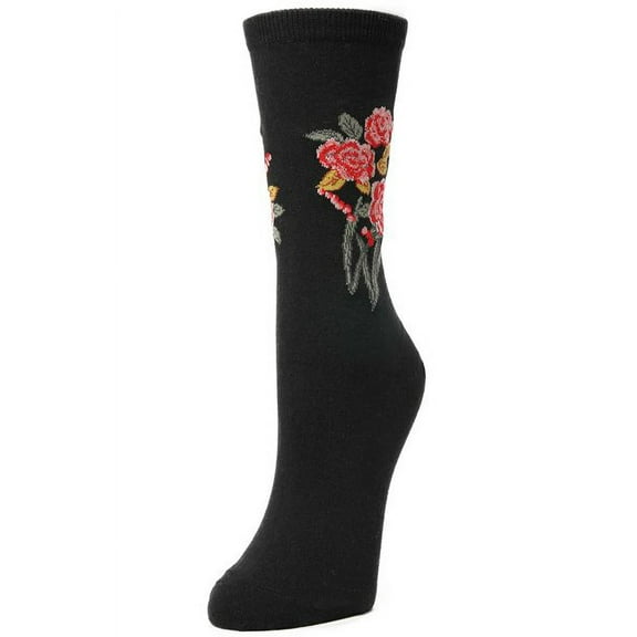 Natori Rose Garden Cotton Blend Women's Crew Socks - Womens - Female, 9-11, Black