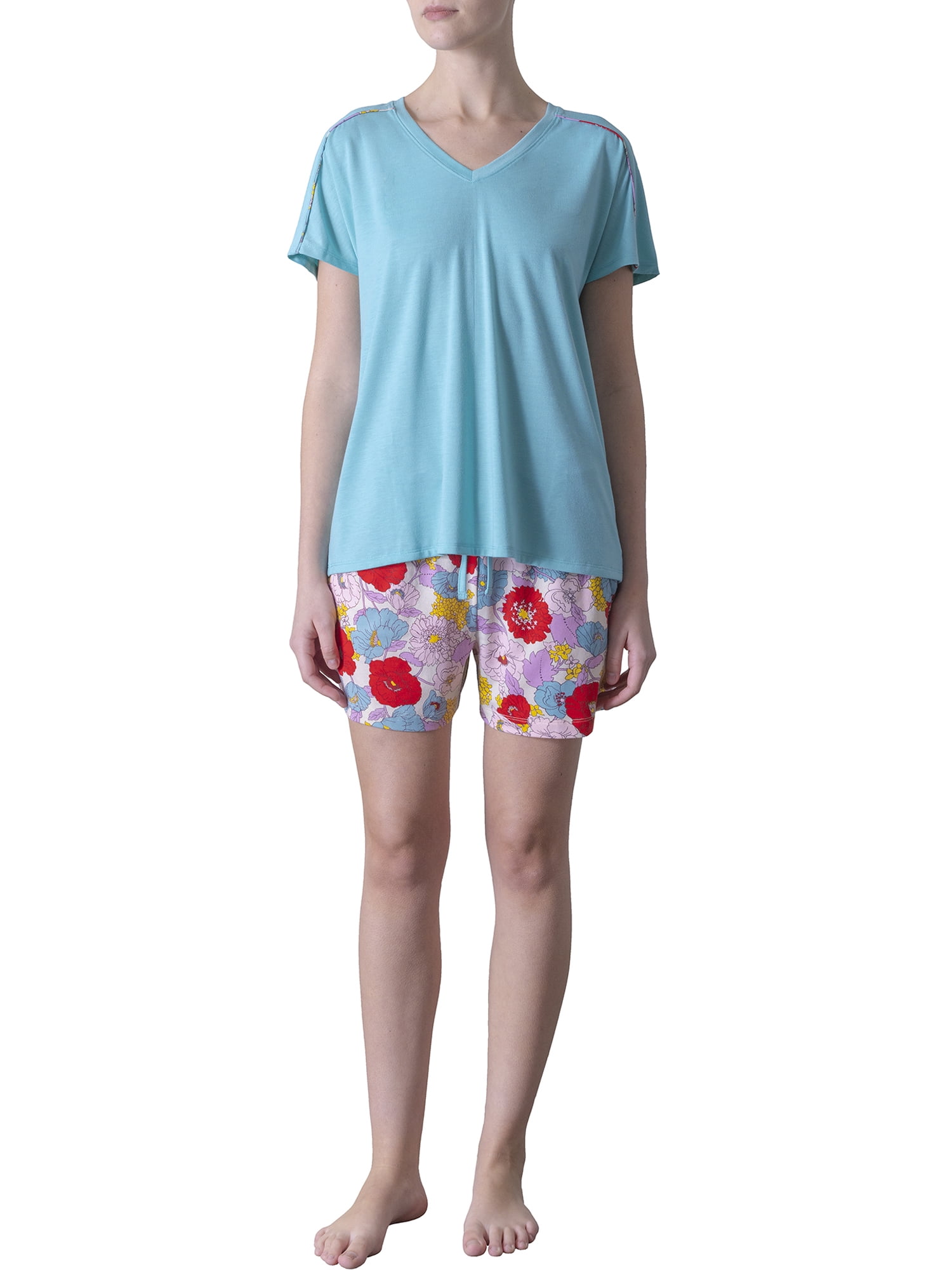 Natori Women's Soft Stretch Jersey Knit V-Neck Tee & Printed Shorts, Multi-Color (2-Pack)