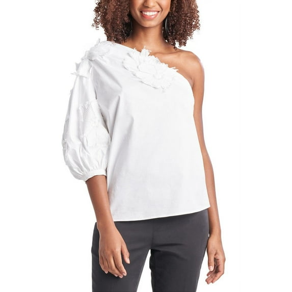 Natori womens One-Shoulder Poplin Top, 4, White