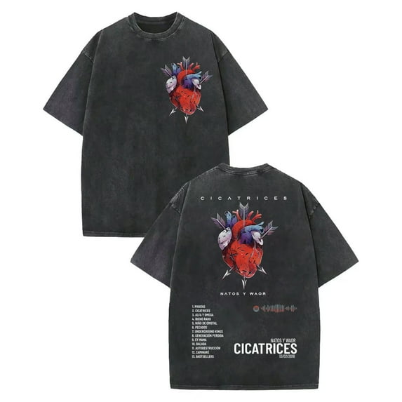 Natos Y Waor Cicatrices Graphic Print Hip Hop Fashion Top for Men & Women Unisex Vintage Washed Cotton T Shirt
