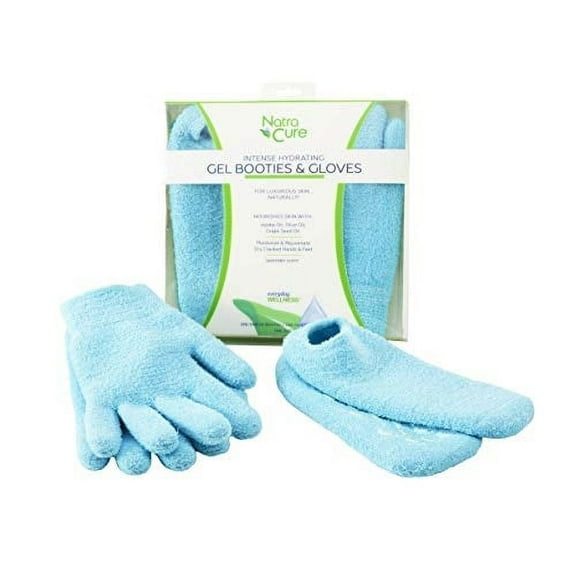 NatraCure Moisturizing Gel Booties and Gloves Set - (For dry skin, dry hands and feet, cracked heels, cuticles) - Color: Aqua (Gloves & Socks, Aqua)