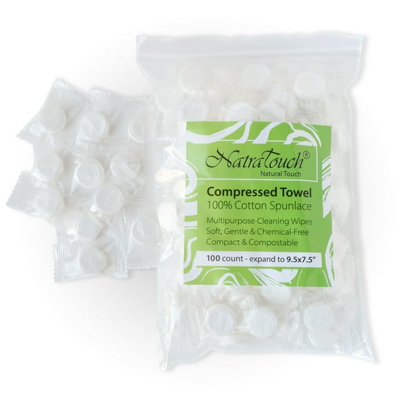 NatraTouch Compressed Towel Wipes 100% Cotton, Compostable, Gentle Soft (100 Bag)