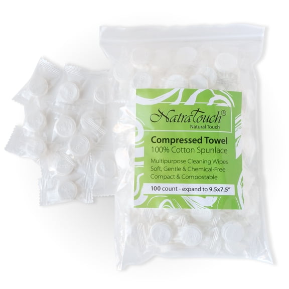 NatraTouch Compressed Towel Wipes 100% Cotton, Compostable, Gentle Soft (100 Bag)