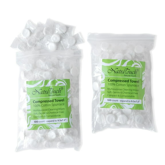 NatraTouch Compressed Towel Wipes 100% Cotton, Compostable, Gentle Soft (200 Bag)
