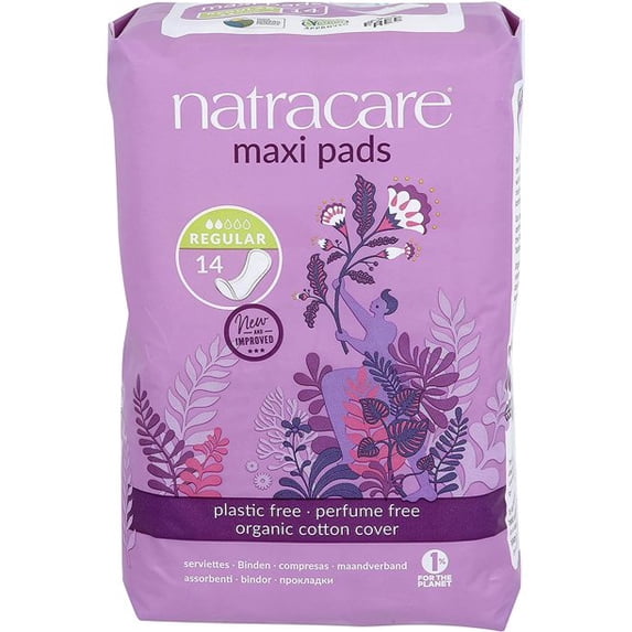 Natracare Natural Feminine Traditional Style Maxi Pads, Regular, Individually Wrapped, Without Wings in Plant-Based Bag (1 Pack, 14 Pads Total)