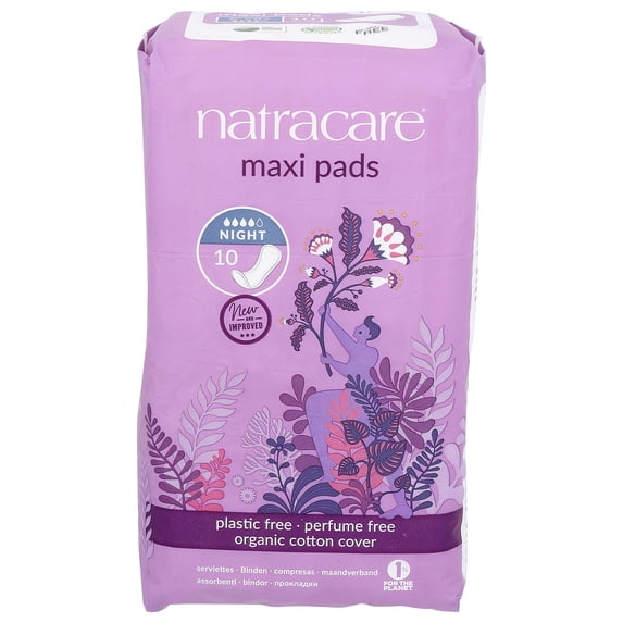 Natracare Natural Traditional Style Night Time Maxi Pads, Individually Wrapped, Without Wings in Plant-Based Bag (1 Pack, 10 Pads Total)