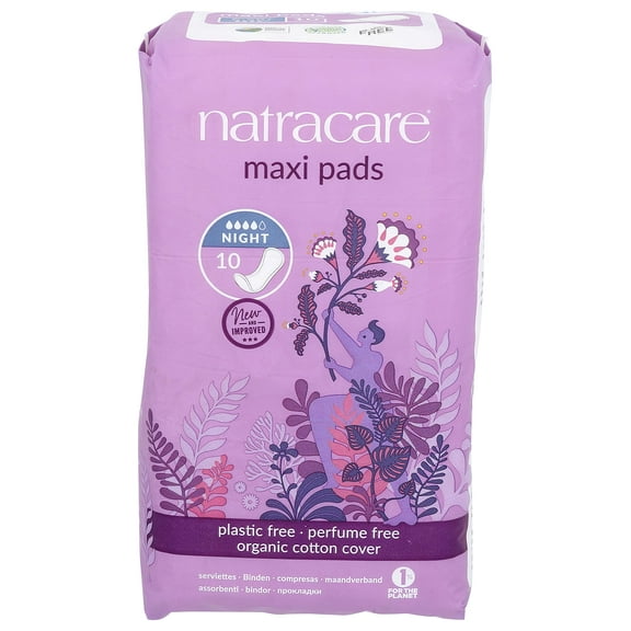 Natracare Natural Traditional Style Night Time Maxi Pads, Individually Wrapped, Without Wings in Plant-Based Bag (1 Pack, 10 Pads Total)