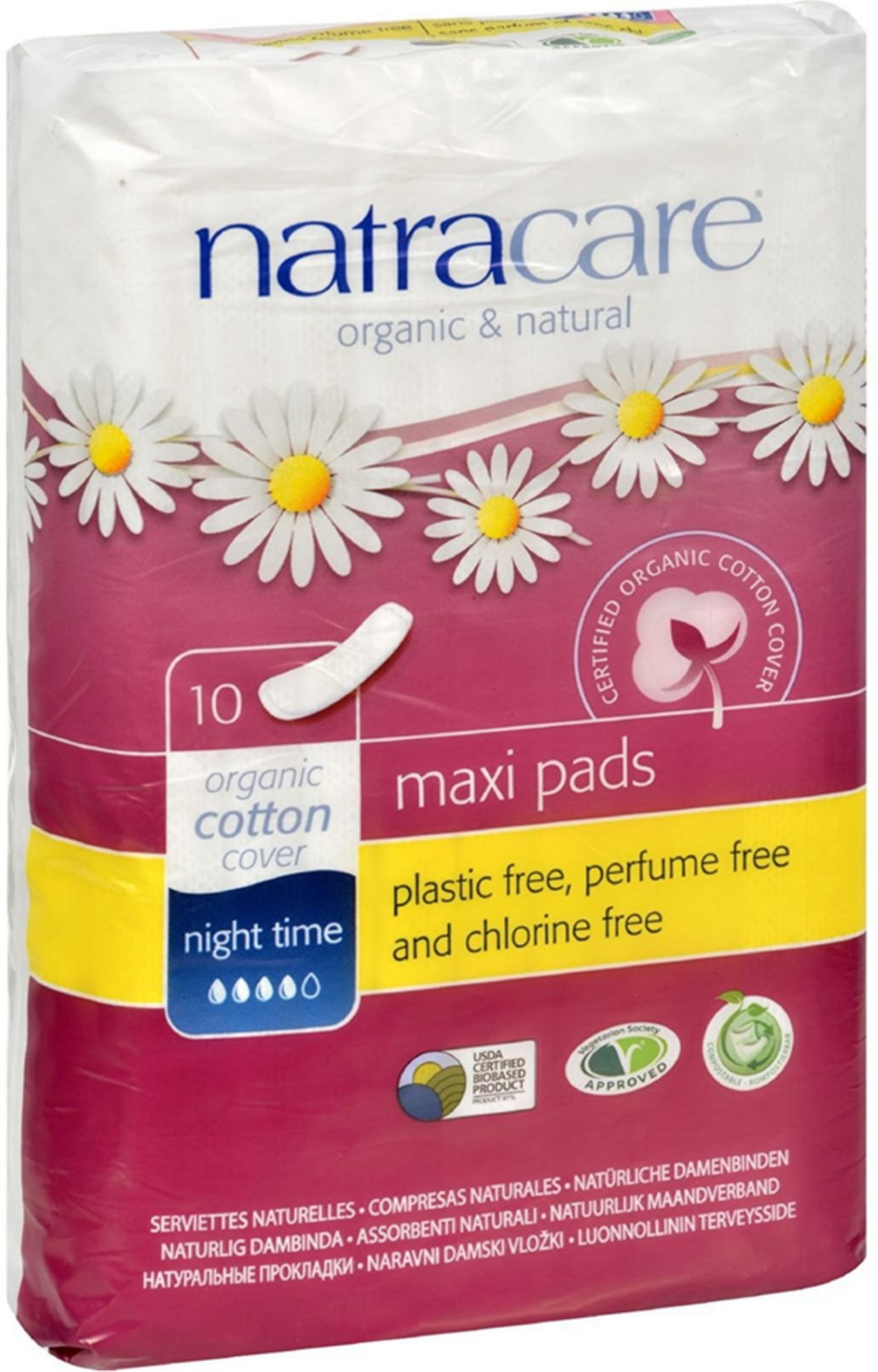Natracare Organic Cotton Natural Feminine Night Time Maxi Pads, Long 10 ea (Pack of 2)