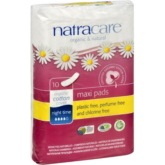 Natracare Organic Cotton Natural Feminine Night Time Maxi Pads, Long 10 ea (Pack of 4)