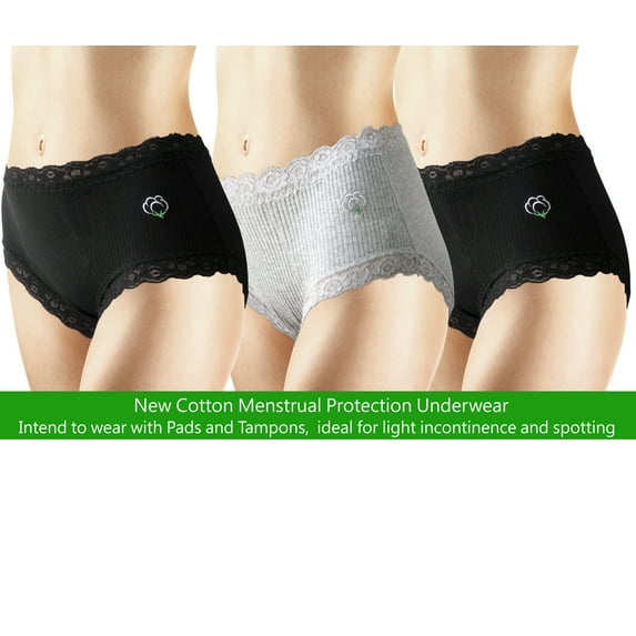 Natratouch New 3 Pack Cotton Brief Menstrual Period Panties, Light Incontinence Panties, Absorbent Pantie- MEDIUM