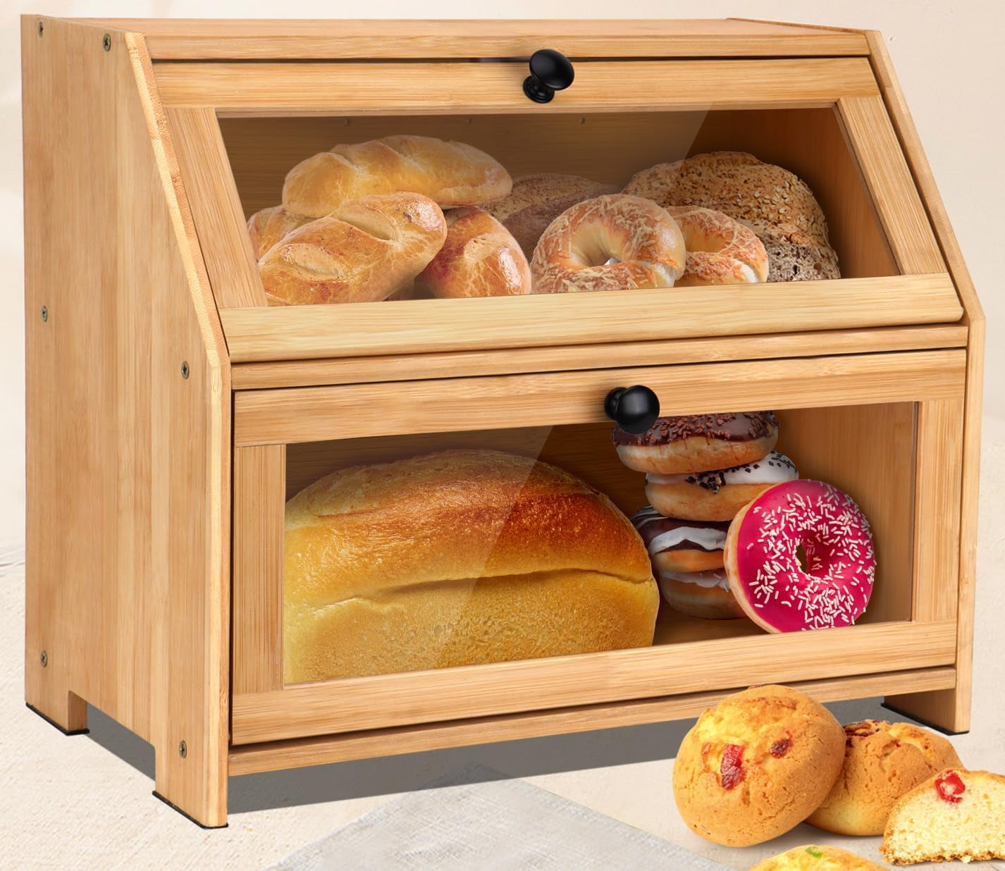Natree Double Layer Bamboo Bread Box,with Clear Window,Large Bread Box