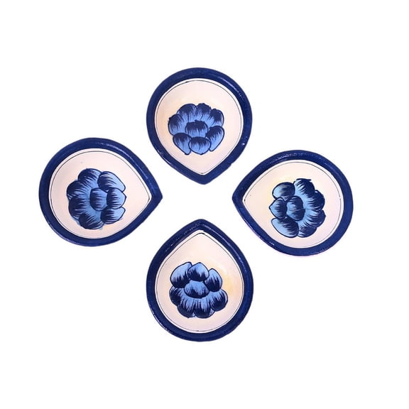 Natriel Blue Pottery Leaf Floral Ceramic Diyas – Set of 4 for Stylish Homes