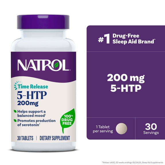 Natrol 5-HTP 200 mg, Time Release, Support a Balanced Mood, Dietary Supplement Provides Serotonin Production Throughout the Day, 30 Tablets, Up to a 30 Day Supply