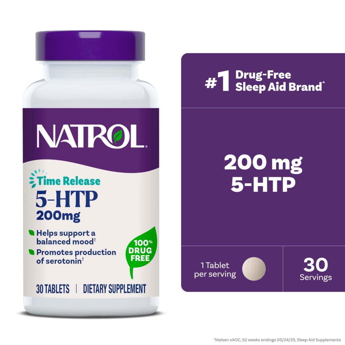 Natrol 5-HTP 200 mg, Time Release, Support a Balanced Mood, Dietary Supplement Provides Serotonin Production Throughout the Day, 30 Tablets, Up to a 30 Day Supply