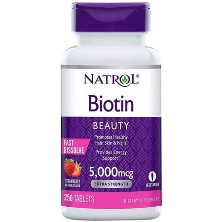 Natrol Biotin 5000 mcg, Strawberry Flavor, Fast Dissolve Tablets, Extra Strength, 250 Count