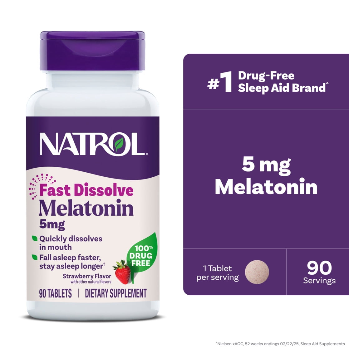 Natrol Sleep Melatonin Fast Dissolve Tablets, Nighttime Sleep Aid, Strawberry Flavor, 5mg, 90 Count