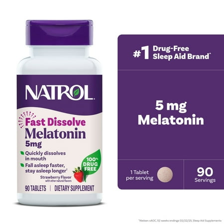Natrol® Sleep Melatonin Fast Dissolve Tablets, Nighttime Sleep Aid, Strawberry Flavor, 5mg, 90 Count