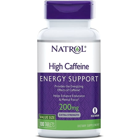 Natrol High Caffeine Tablets, Energy Support, Helps Enhance Endurance and Mental Focus, Caffeine Supplement, Fatigue, Pre-Workout, Extra Strength, 200mg, 100 Count