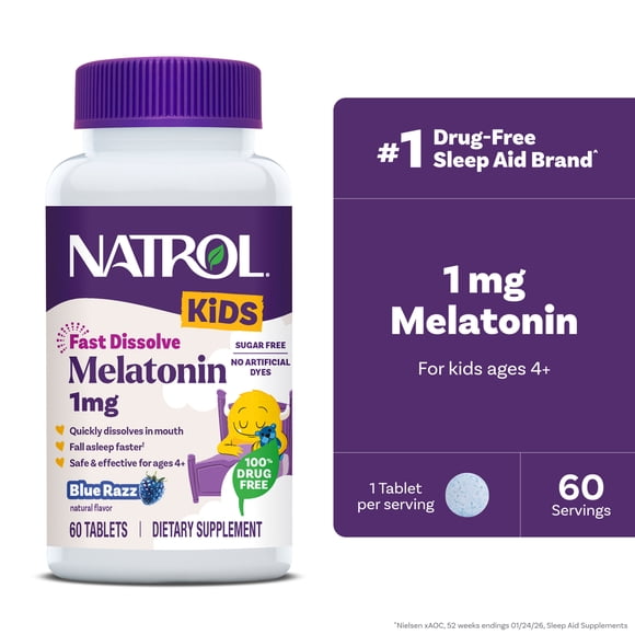 Natrol Kids Fast Dissolve Melatonin 1 mg, Sleep Aid, Blue-Razz, 60 Tablets