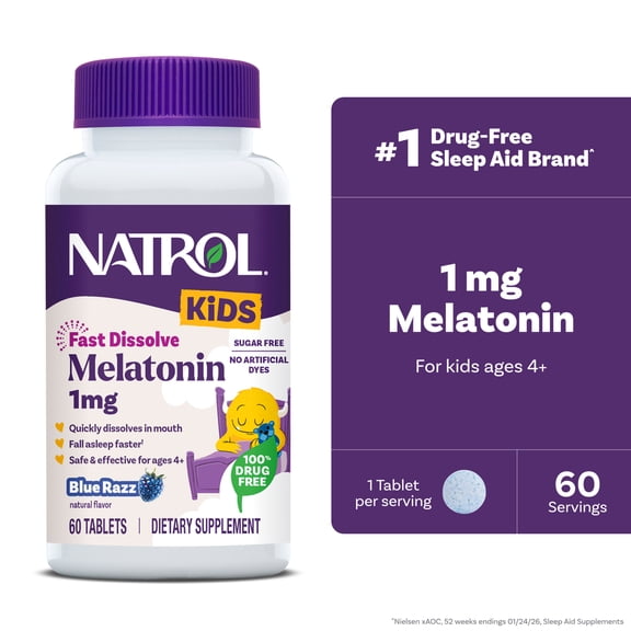 Natrol Kids Fast Dissolve Melatonin 1 mg, Sleep Aid, Blue-Razz, 60 Tablets