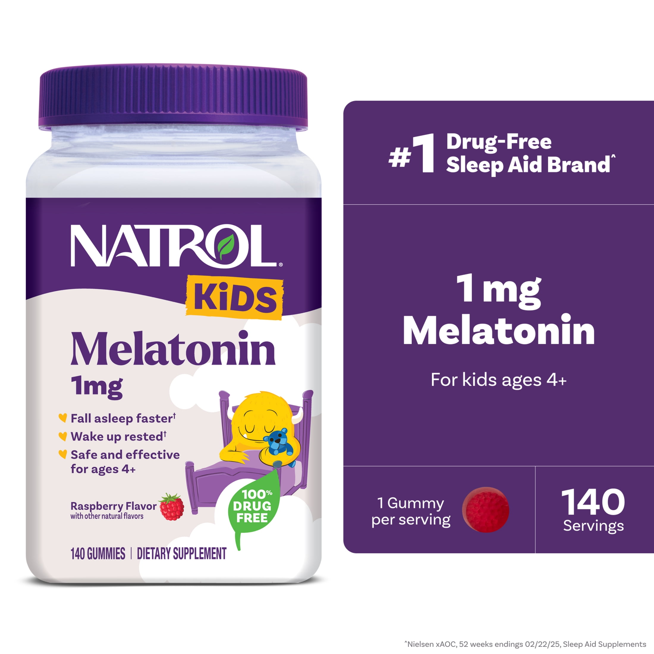 Natrol Kids Melatonin, Sleep Gummies for Children, Raspberry Flavor, 1mg, 140 Count