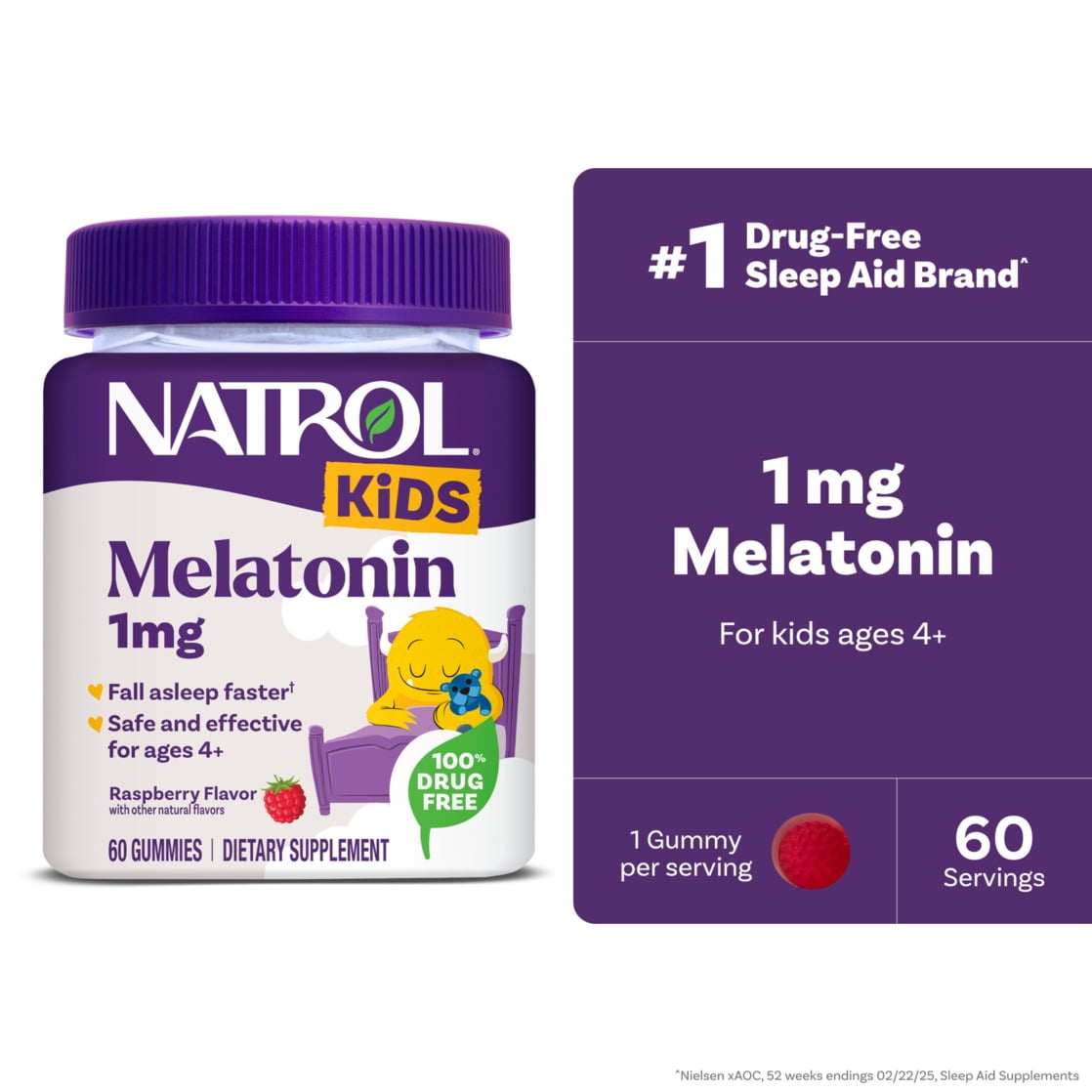 Natrol Kids Melatonin, Sleep Gummies for Children, Raspberry Flavor, 1mg, 60 Count