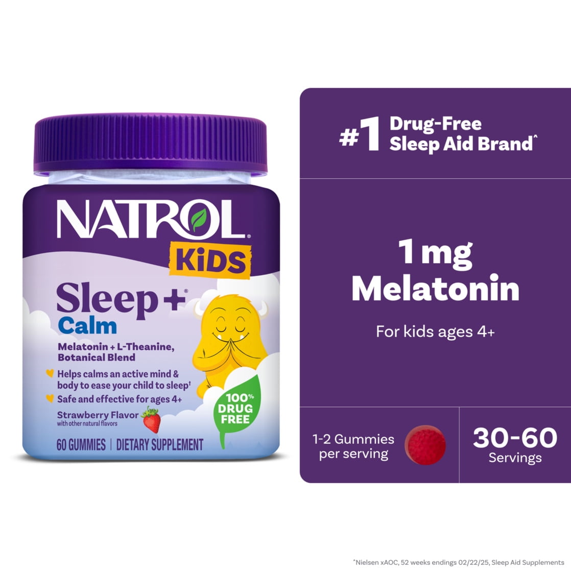 Natrol Kids Sleep+ Calm, Melatonin & L-Theanine, Sleep Gummies for Kids, Strawberry Flavor, 60 Ct