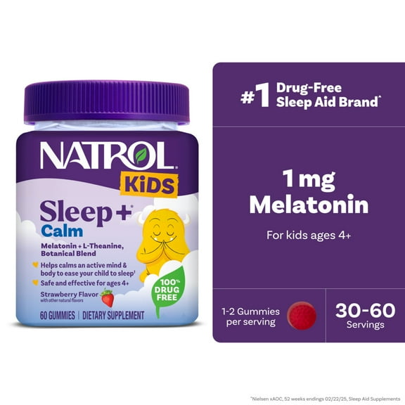 Natrol Kids Sleep+ Calm, Melatonin & L-Theanine, Sleep Gummies for Kids, Strawberry Flavor, 60 Ct
