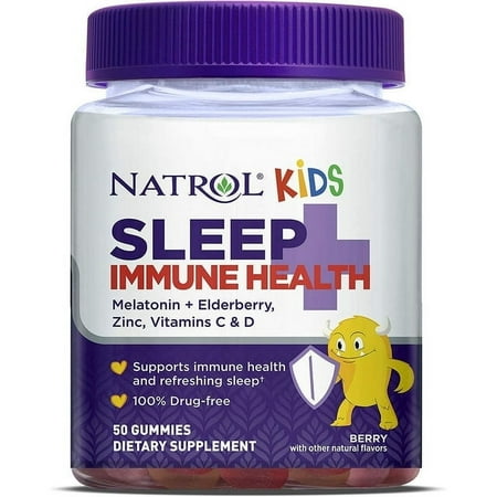 Natrol Kids Sleep+ Immune Health, Drug Free Sleep Aid and Immunity Support, Dietary Supplement, Melatonin, Zinc, Vitamin C and D, Elderberry, 50 Berry Flavored Gummies