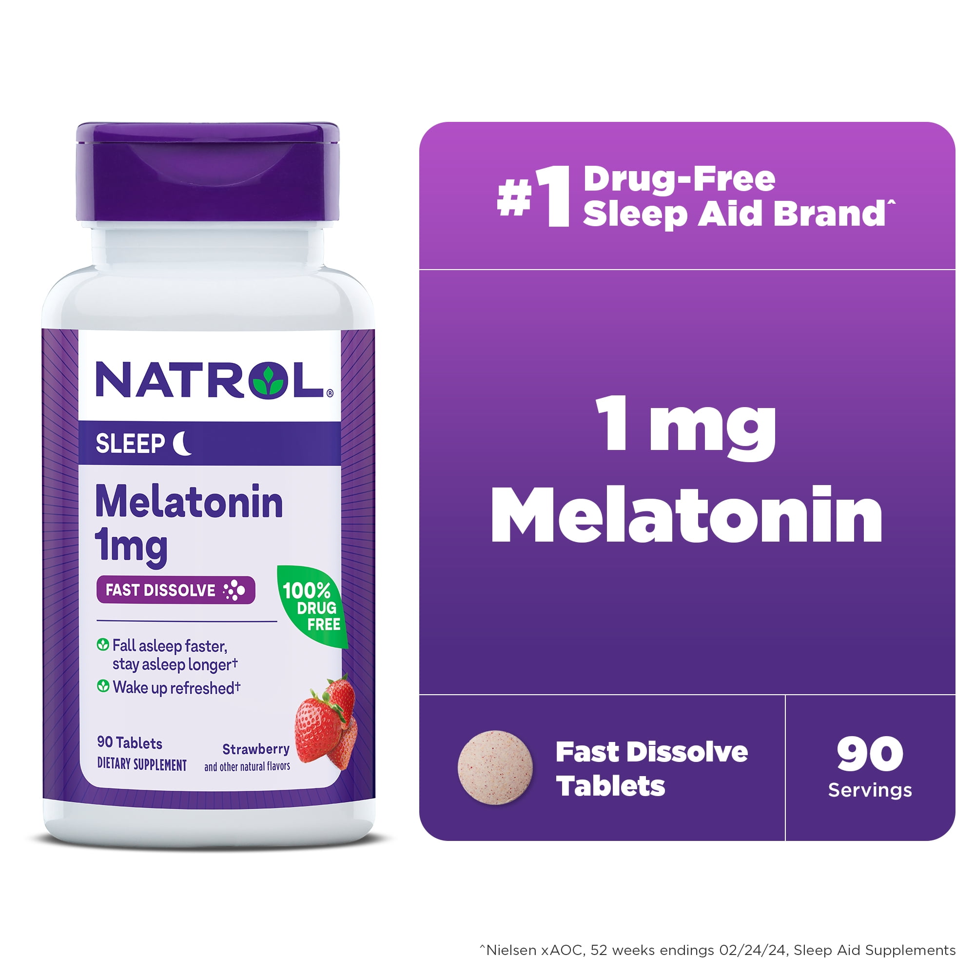 Natrol® Melatonin 1mg, Strawberry-Flavored Dietary Supplement for Restful Sleep, 90 Fast-Dissolve Tablets, 90 Day Supply