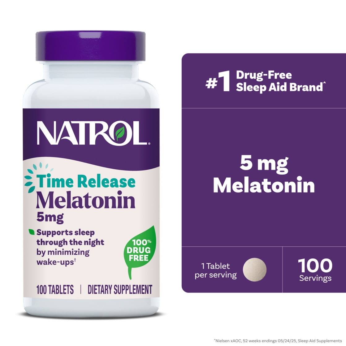 Natrol Melatonin 5 mg Time Release, Dietary Supplement to Minimize Wake Ups, Nighttime Sleep Aid, 100 Tablets, Up to a 100 Day Supply