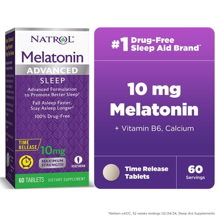 Natrol Advanced Sleep Melatonin 10mg and Vitamin B-6, Sleep Support, Maximum Strength, Time Release Tablets, 60ct