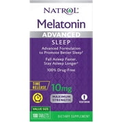 Natrol Melatonin Advanced Sleep Tablets with Vitamin B6, Helps You Fall Asleep Faster, Stay Asleep Longer, 2-Layer Controlled Release, 100% Drug-free, Maximum Strength, 10mg, 100 Count