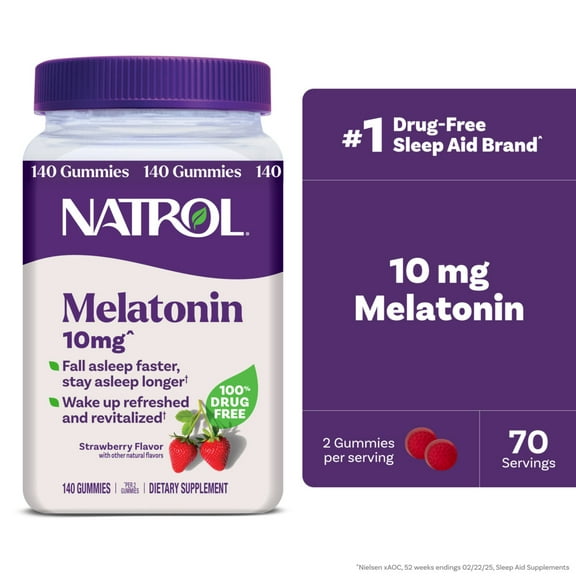 Natrol Melatonin Gummies, Sleep Support for Adults, Strawberry Flavor, 10mg, 140 Count