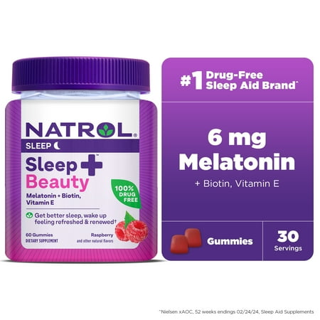 Natrol® Sleep+™ Beauty, Drug Free Sleep Aid Supplement, For Skin, Hair, Nails, Biotin, Vitamin E, 60 Raspberry Flavored Gummies