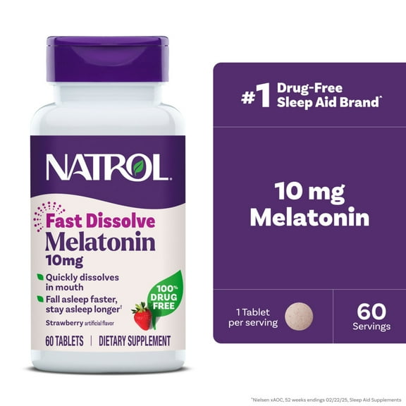 Natrol® Sleep Melatonin Fast Dissolve Tablets, Nighttime Sleep Aid, Strawberry Flavor, 10mg, 60 Ct