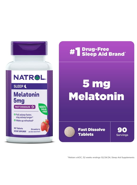 Natrol® Sleep Melatonin Fast Dissolve Tablets, Nighttime Sleep Aid, Strawberry Flavor, 5mg, 90 Count