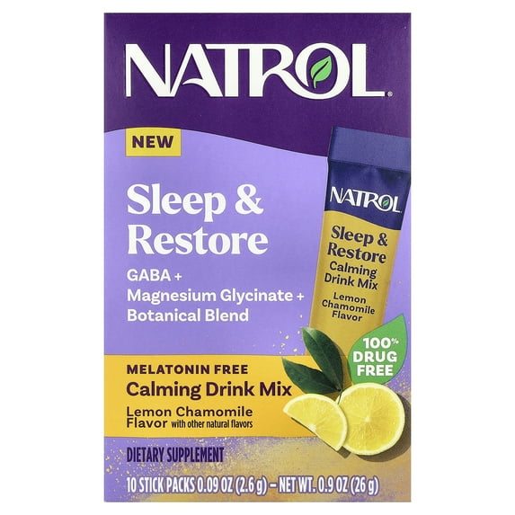 Natrol Sleep & Restore, Calming Drink Mix, Melatonin Free, Lemon Chamomile, 10 Stick Packs, 0.09 oz (2.6 g) Each