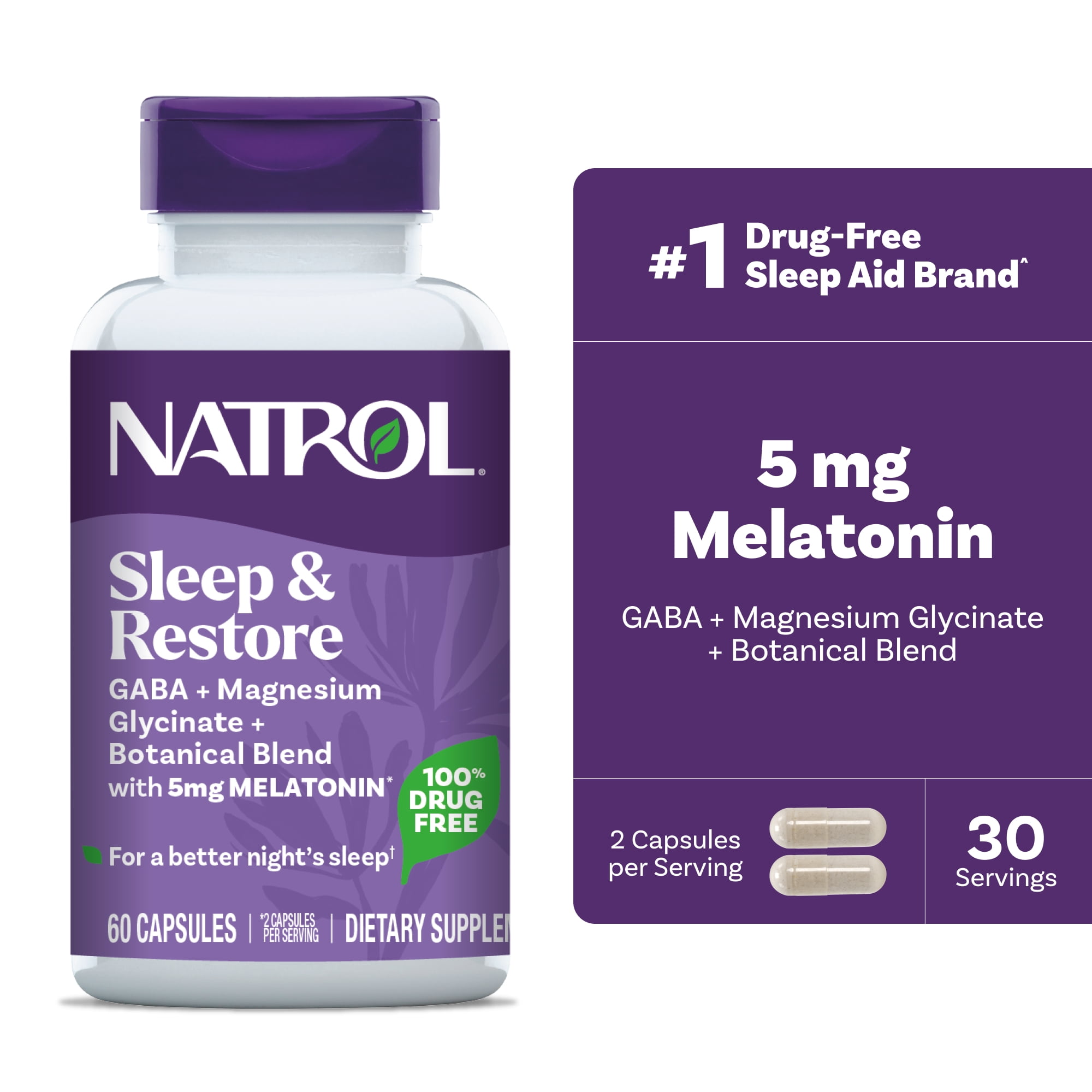 Natrol Sleep & Restore Capsules, GABA, Magnesium Glycinate, Melatonin 5mg, Up to a 30 Day Supply